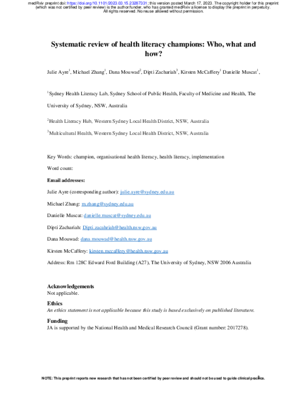 (PDF) Systematic review of health literacy champions: Who, what and how?