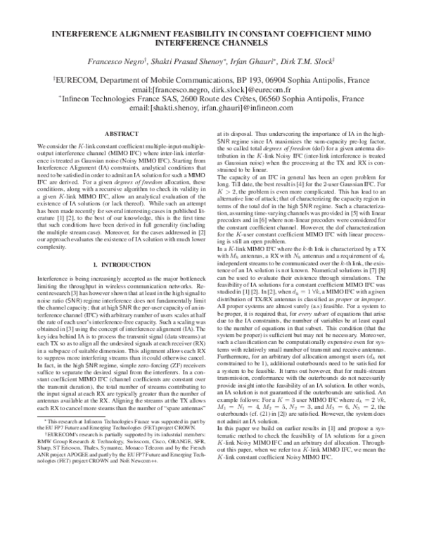 (PDF) Interference alignment feasibility in constant coefficient MIMO ...