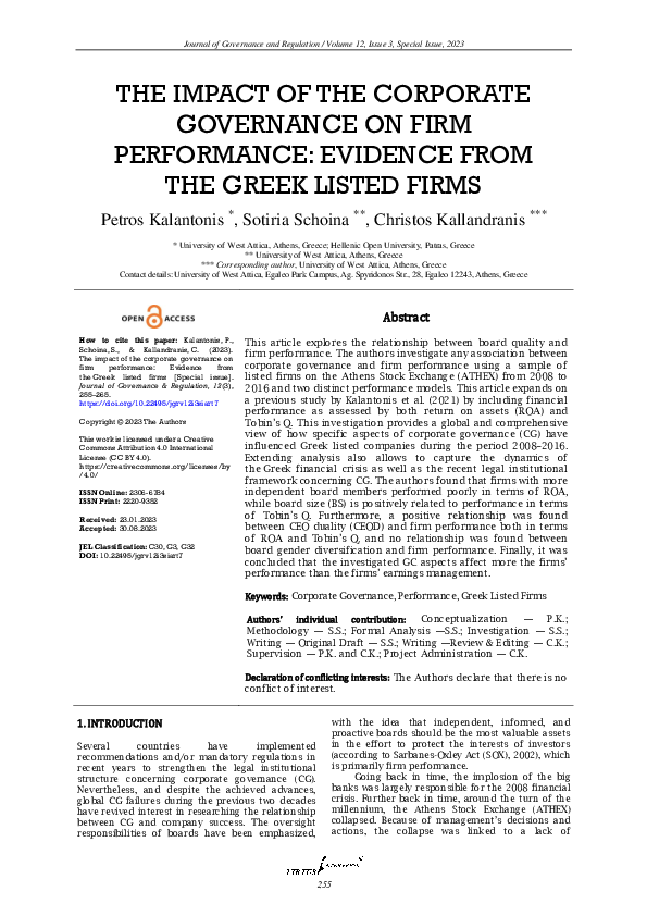(PDF) The impact of the corporate governance on firm performance ...