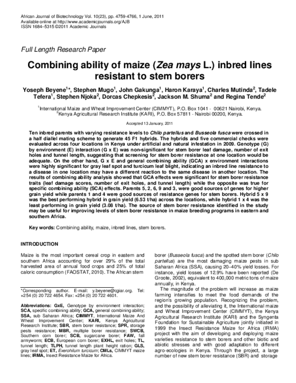 (PDF) Combining ability of maize (Zea mays L.) inbred lines resistant ...