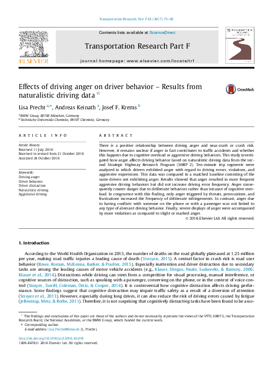 (PDF) Effects of driving anger on driver behavior – Results from ...