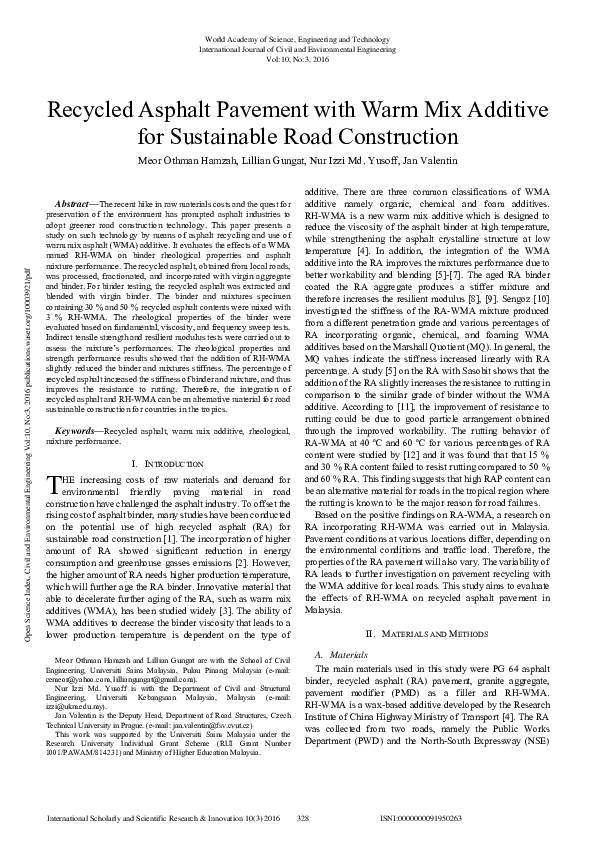 (PDF) Recycled Asphalt Pavement With Warm Mix Additive For Sustainable ...