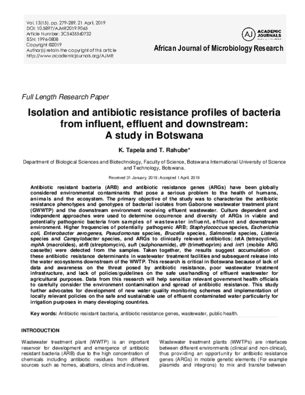 (PDF) Isolation and antibiotic resistance profiles of bacteria from ...