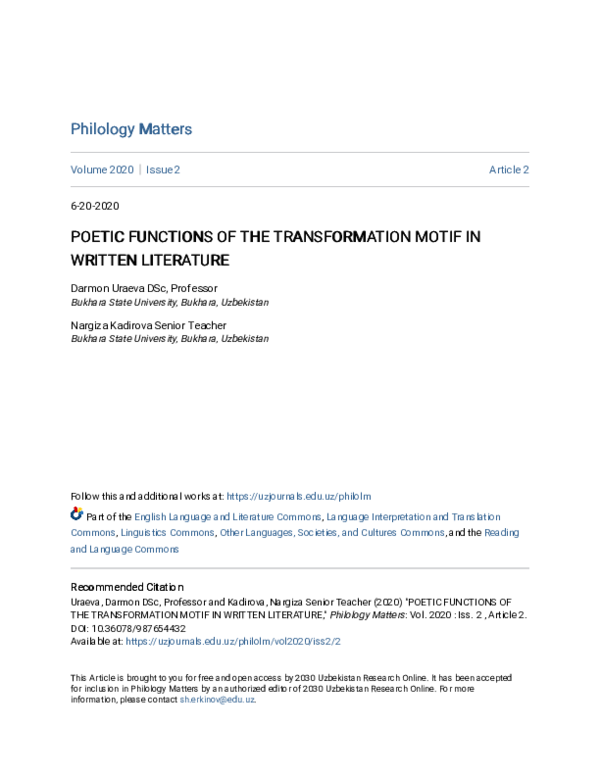 (PDF) Poetic Functions of the Transformation Motif in Written Literature