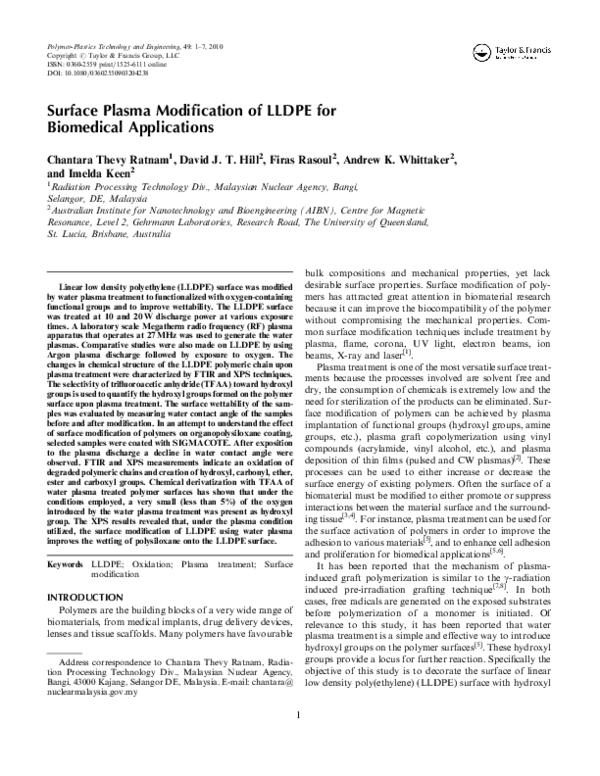 (PDF) Surface Plasma Modification of LLDPE for Biomedical Applications