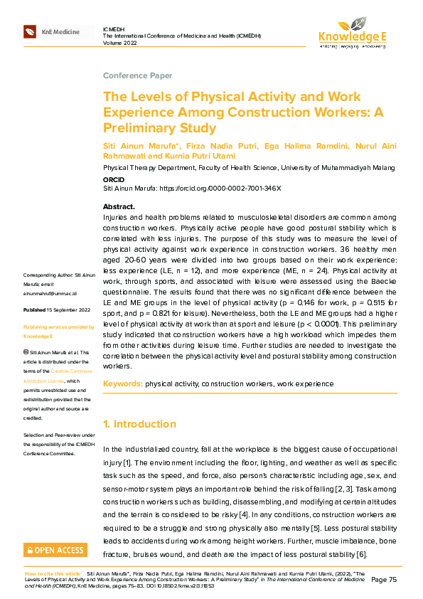 (PDF) The Levels of Physical Activity and Work Experience Among ...