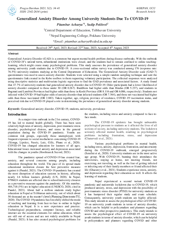 (PDF) Generalized Anxiety Disorder Among University Students Due To ...