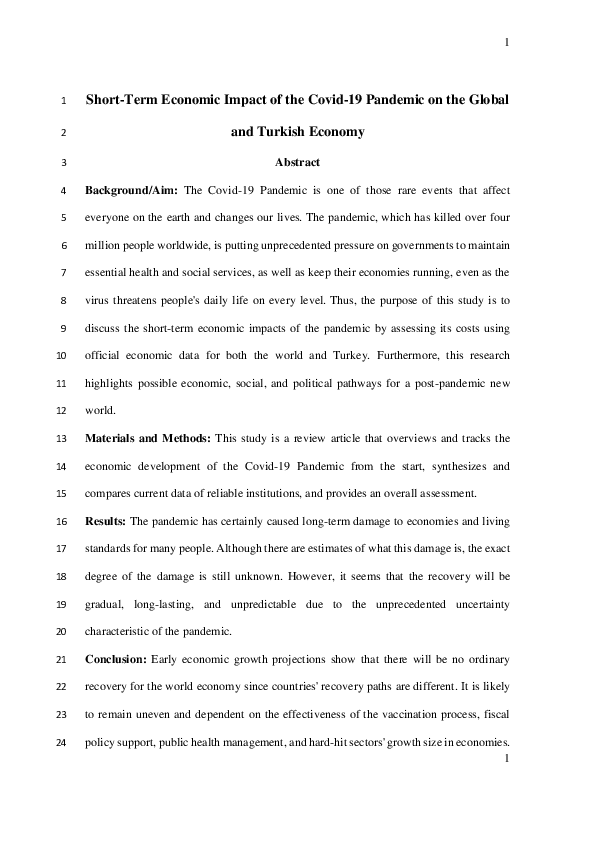 Short-term impact of the Covid-19 pandemic on the global and Turkish economy