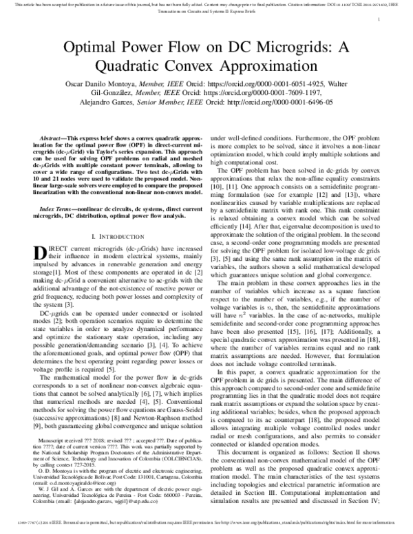 (PDF) Optimal Power Flow on DC Microgrids: A Quadratic Convex Approximation