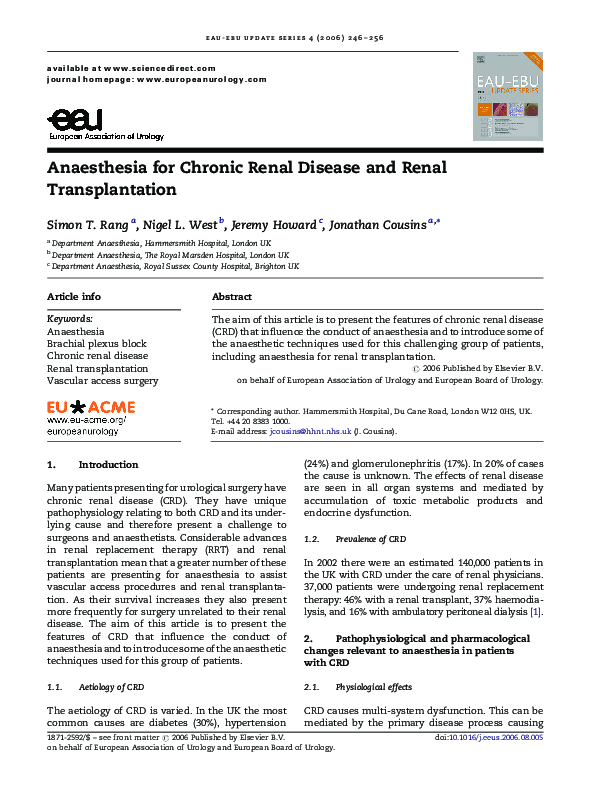 (PDF) Anaesthesia for Chronic Renal Disease and Renal Transplantation