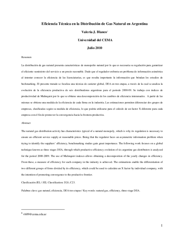 (PDF) Eficiencia Técnica en la Distribución de Gas Natural en Argentina