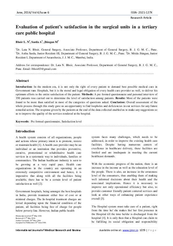 (PDF) Patient Satisfaction in Surgical Units at Tertiary Care Hospital
