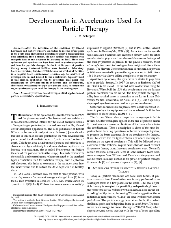 (PDF) Developments in Accelerators Used for Particle Therapy