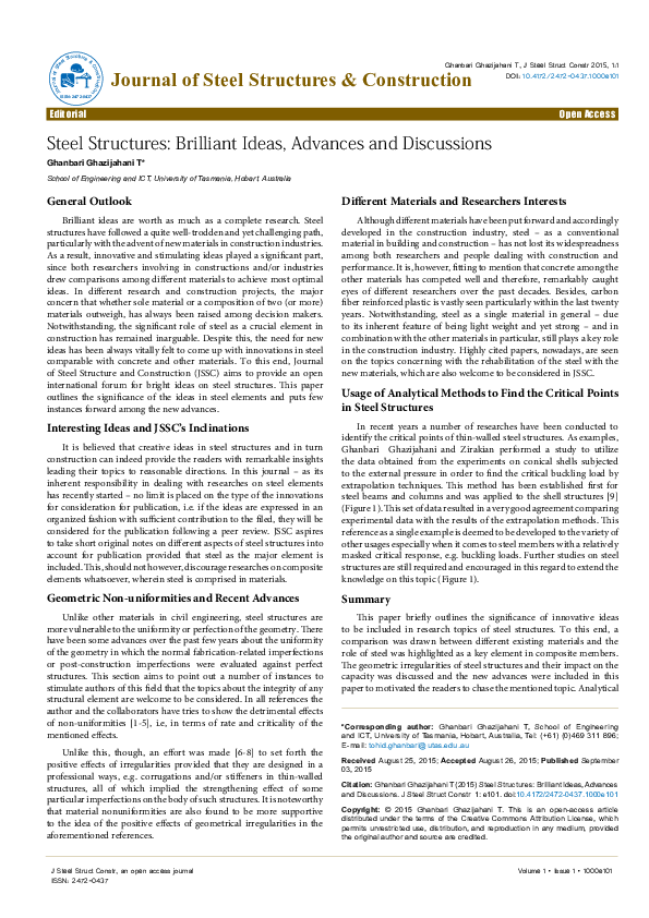 (PDF) Steel Structures: Brilliant Ideas, Advances and Discussions
