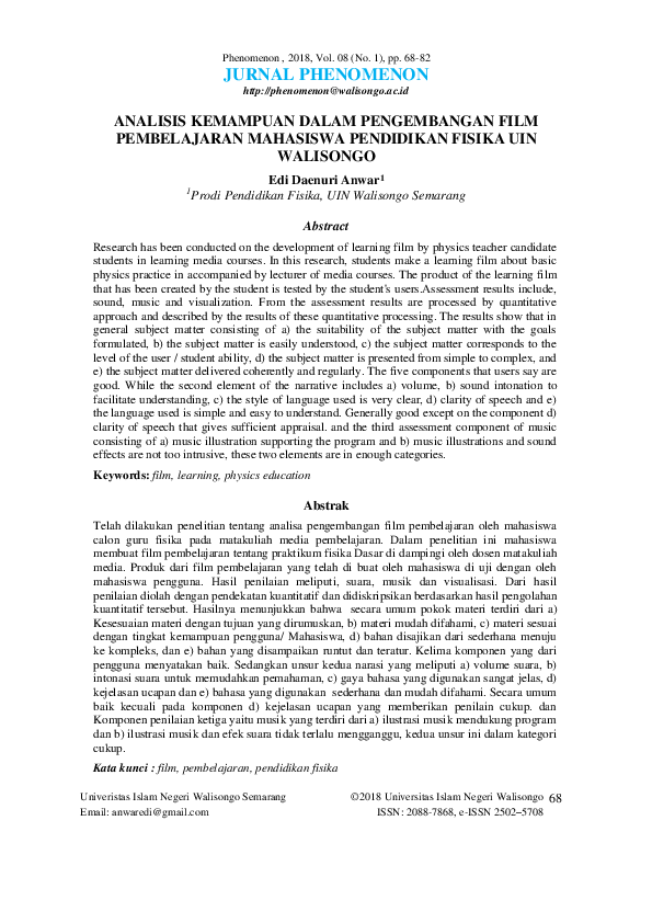Analisis Kemampuan Dalam Pengembangan Film Pembelajaran Mahasiswa Pendidikan Fisika Uin Walisongo