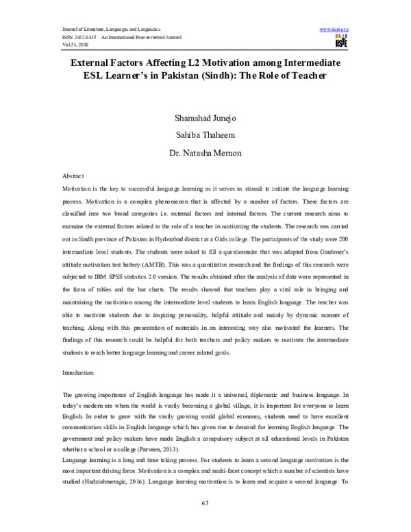 (PDF) External Factors Affecting L2 Motivation among Intermediate ESL ...