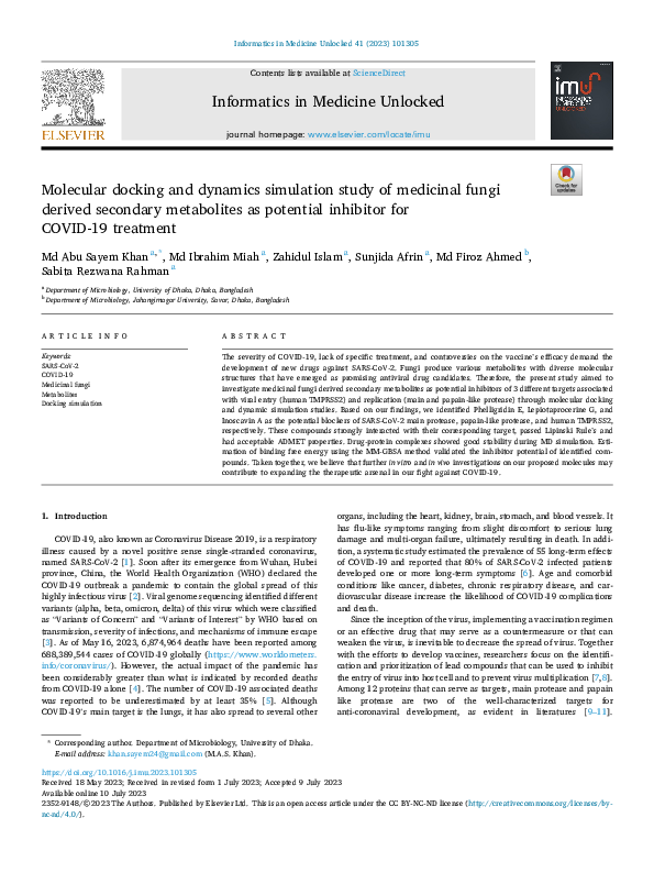 (PDF) Molecular docking and dynamics simulation study of medicinal ...