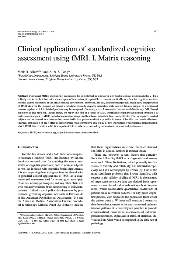 (PDF) Clinical Application of Standardized Cognitive Assessment Using ...