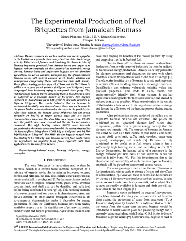 (PDF) The Experimental Production of Fuel Briquettes from Jamaican Biomass