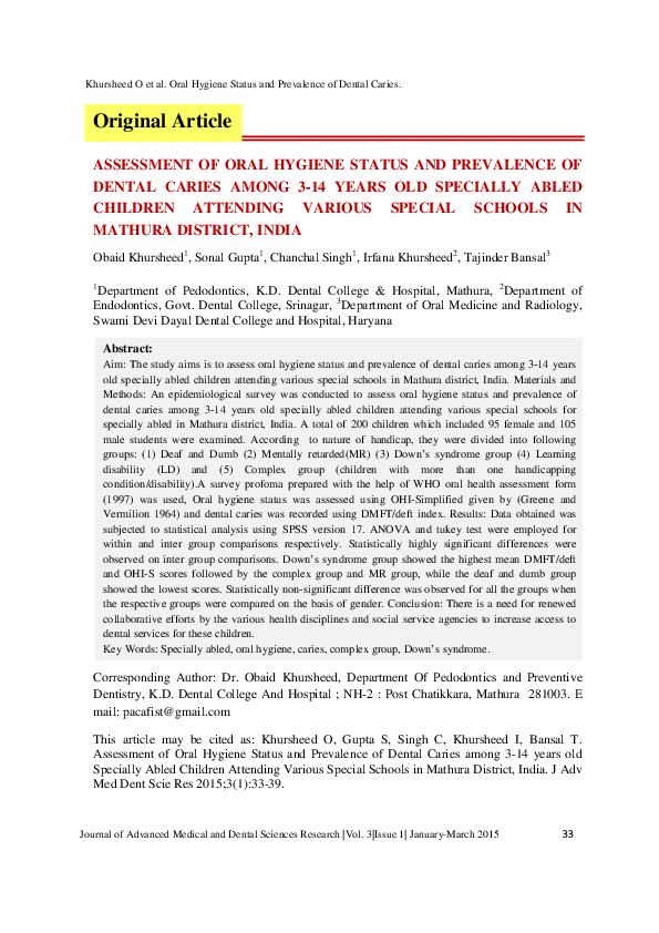 (PDF) ASSESSMENT OF ORAL HYGIENE STATUS AND PREVALENCE OF DENTAL CARIES ...