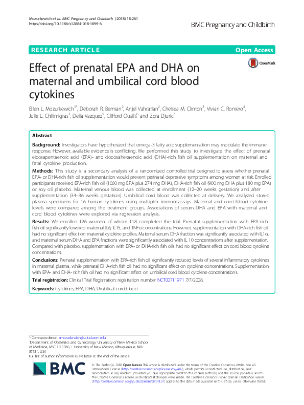 (PDF) Effect of prenatal EPA and DHA on maternal and umbilical cord ...