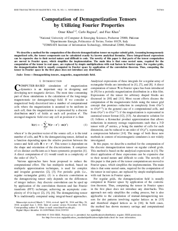 (PDF) Computation of Demagnetization Tensors by Utilizing Fourier ...