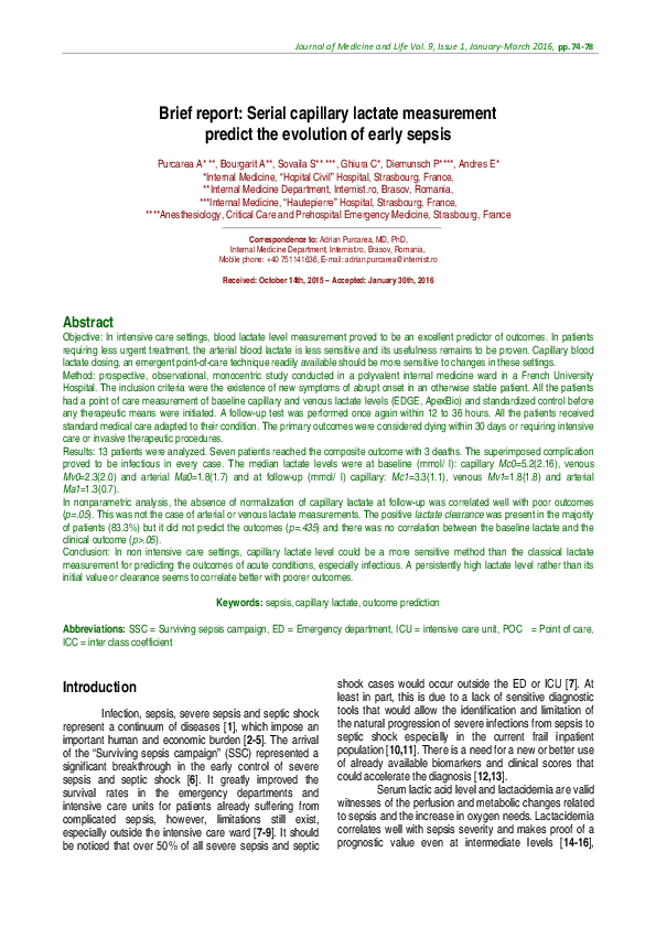 (PDF) Brief report Serial capillary lactate measurement predict the