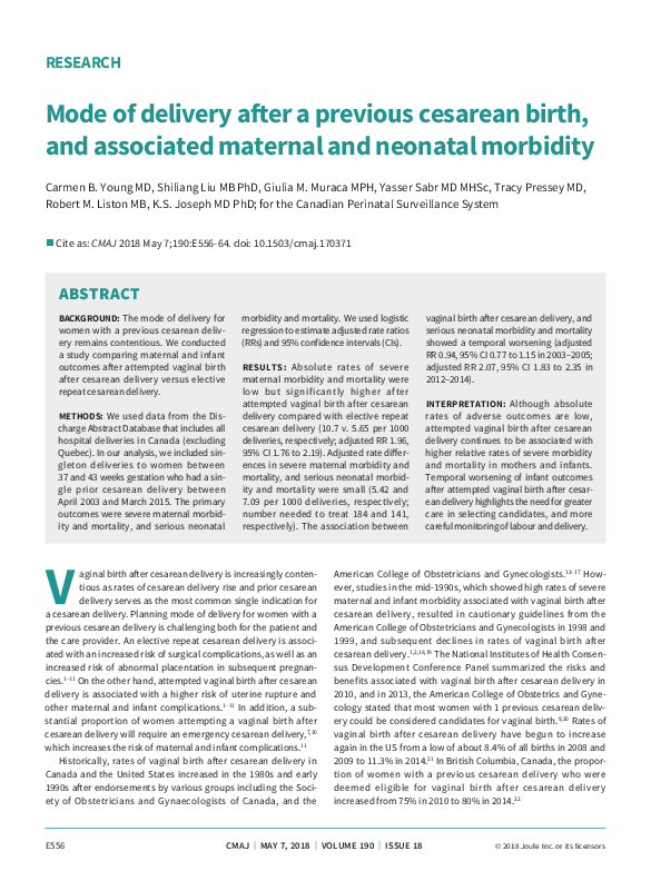 (PDF) Mode of delivery after a previous cesarean birth, and associated ...