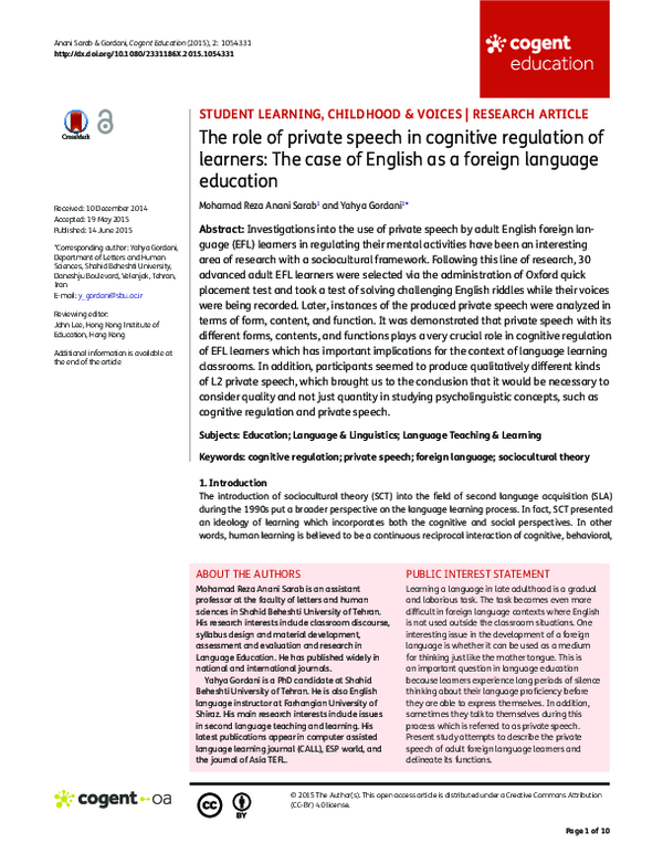 (PDF) The role of private speech in cognitive regulation of learners ...