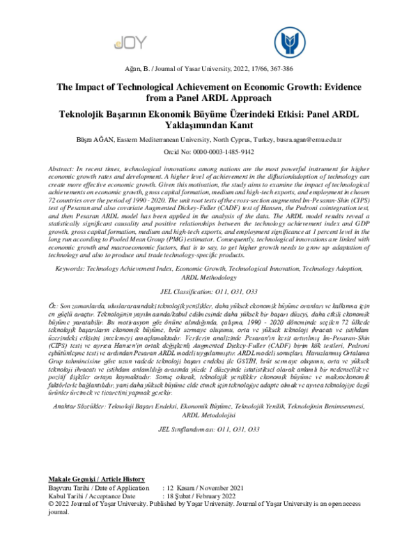 (PDF) Teknolojik Başarının Ekonomik Büyüme Üzerindeki Etkisi: Panel ...