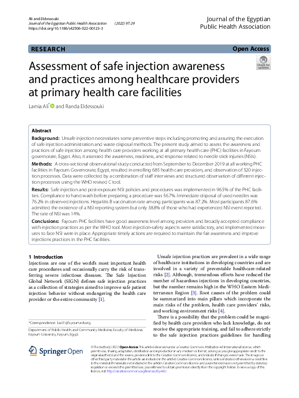 (PDF) Assessment of safe injection awareness and practices among ...