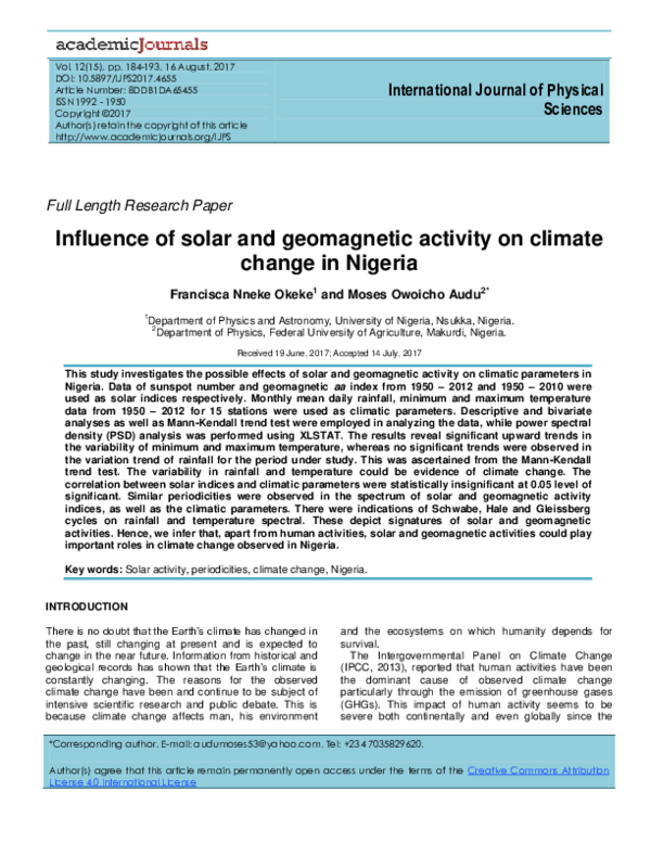 (PDF) Influence of solar and geomagnetic activity on climate change in ...