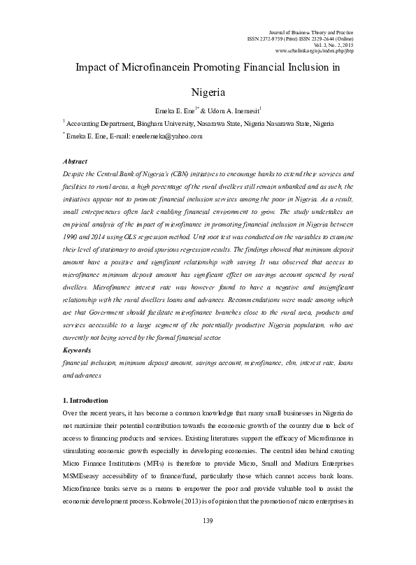 (PDF) Impact of Microfinancein Promoting Financial Inclusion in Nigeria