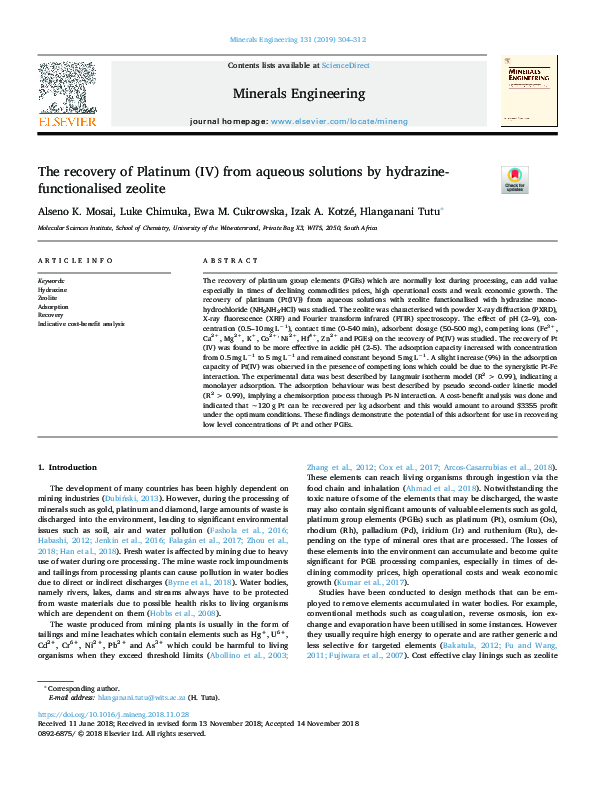 (PDF) The recovery of Platinum (IV) from aqueous solutions by hydrazine ...