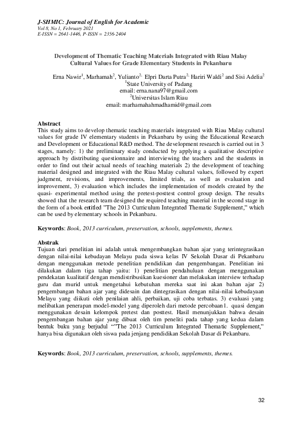 (PDF) Development of Thematic Teaching Materials Integrated with Riau ...