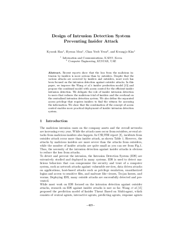 (PDF) Design of Intrusion Detection System Preventing Insider Attack