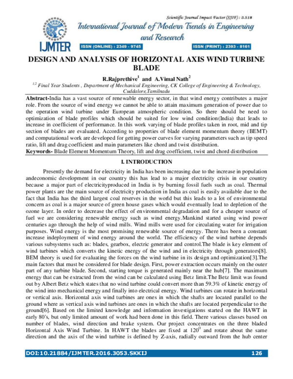 (PDF) Design and Analysis of Horizontal Axis Wind Turbine Blade