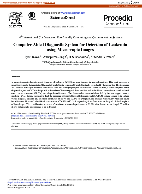 Pdf Computer Aided Diagnostic System For Detection Of Leukemia Using Pdf Computer Aided Diagnostic System For Detection Of Leukemia Using