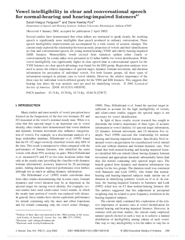 (PDF) Vowel intelligibility in clear and conversational speech for ...