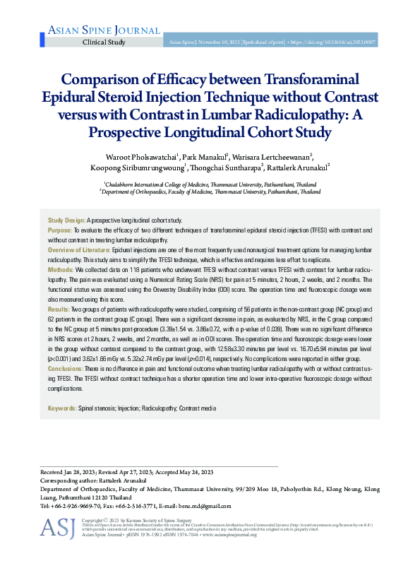 (PDF) Comparison of Efficacy between Transforaminal Epidural Steroid ...