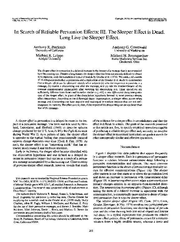 (PDF) In search of reliable persuasion effects: III. The sleeper effect ...