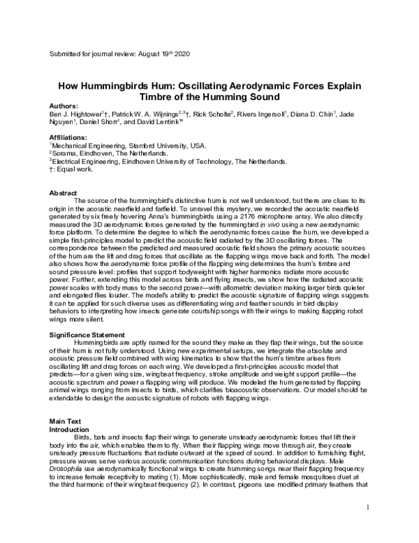 (PDF) How Hummingbirds Hum: Oscillating Aerodynamic Forces Explain ...