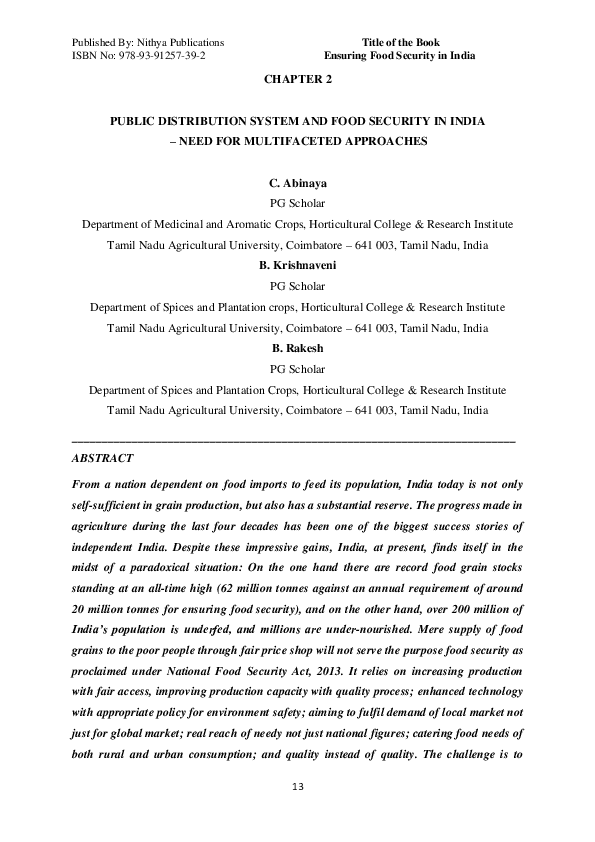(PDF) PUBLIC DISTRIBUTION SYSTEM AND FOOD SECURITY IN INDIA -NEED FOR ...