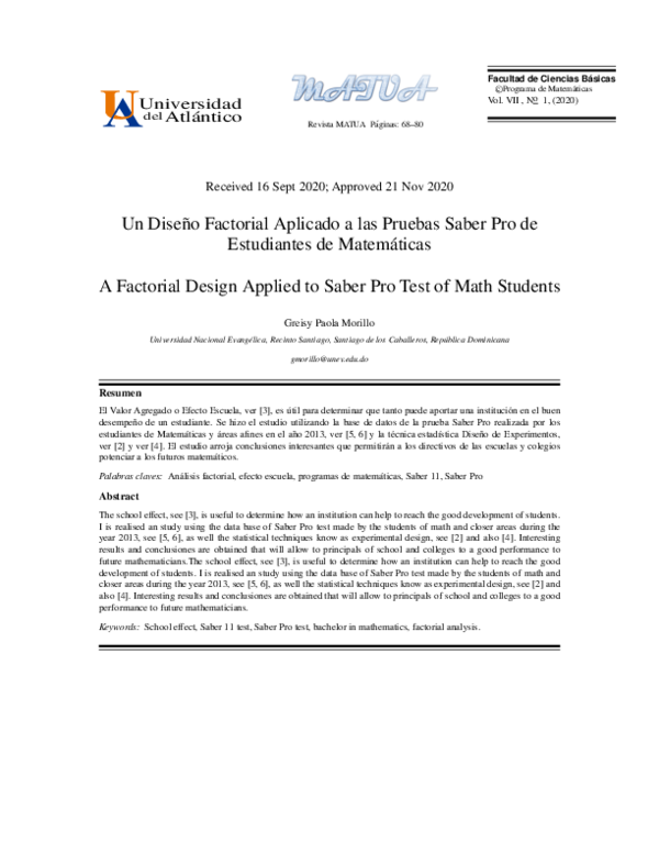 (PDF) A Factorial Design Applied to Saber Pro Test of Math Students