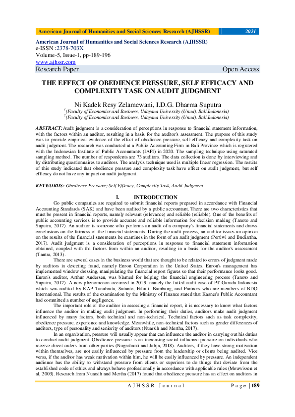 (PDF) The Effect of Obedience Pressure, Self Efficacy and Complexity ...