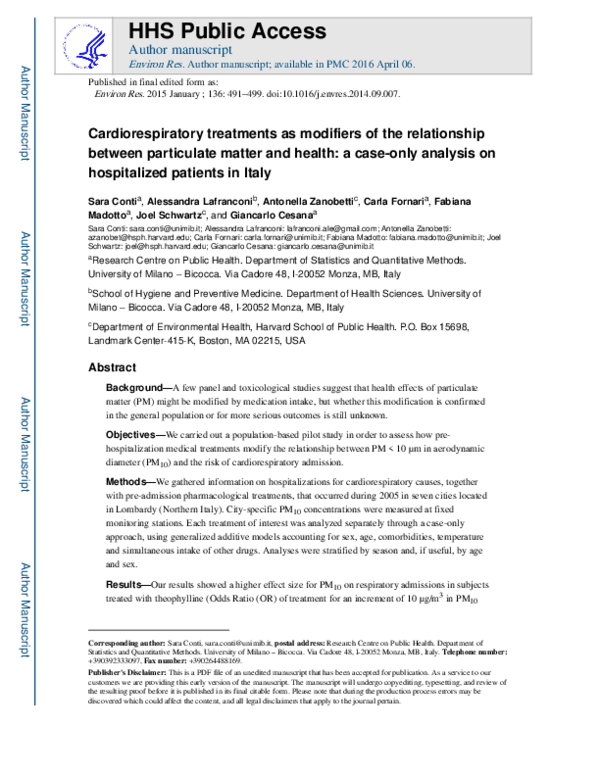 Cardiorespiratory treatments as modifiers of the relationship between particulate matter and health: A case-only analysis on hospitalized patients in Italy