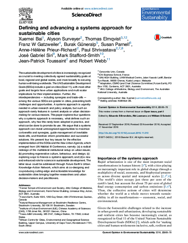 (PDF) Defining and advancing a systems approach for sustainable cities