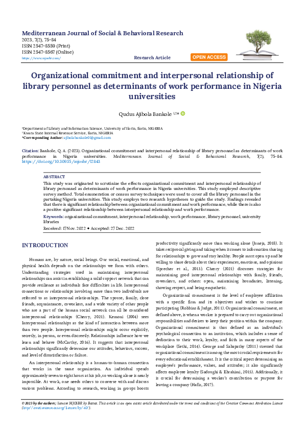 (PDF) Organizational commitment and interpersonal relationship of ...