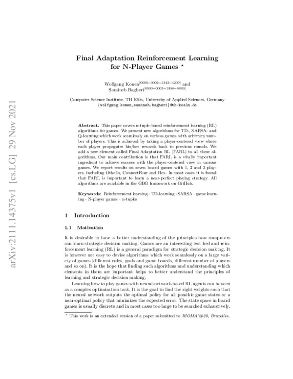 (PDF) Final Adaptation Reinforcement Learning for N-Player Games