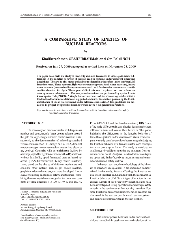 (PDF) A comparative study of kinetics of nuclear reactors